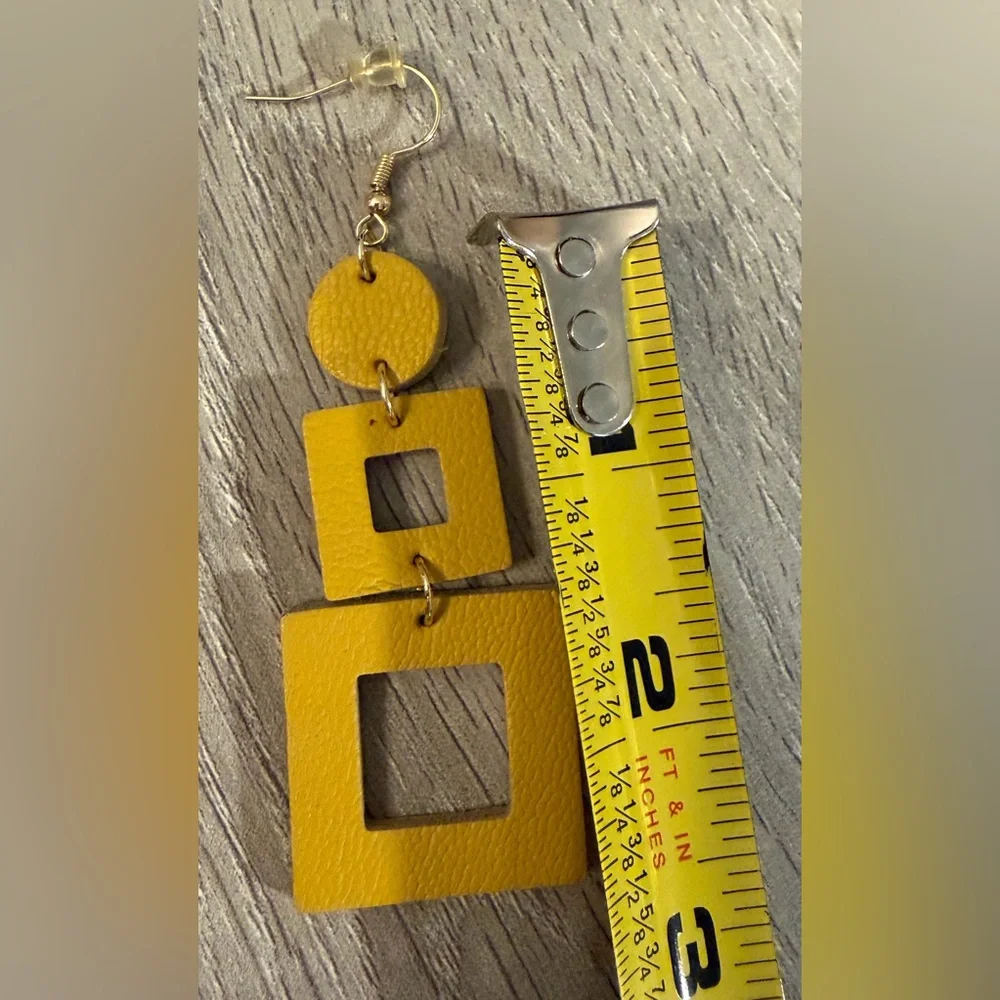 #726 Mustard Yellow Geometric Faux‎ Leather Dangle Earrings